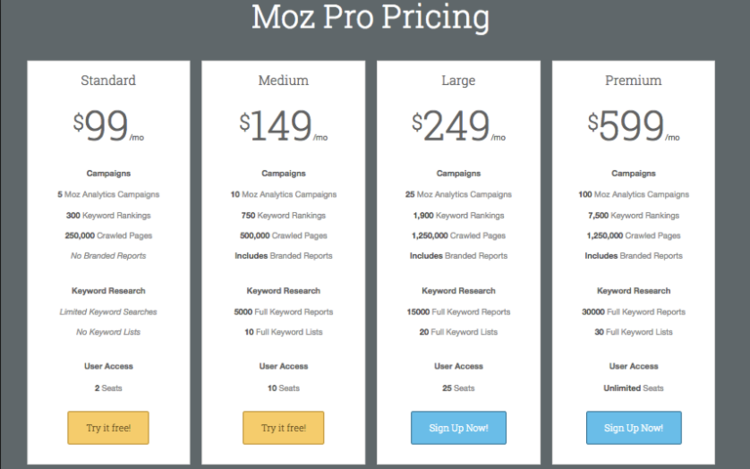 Moz pricing options.