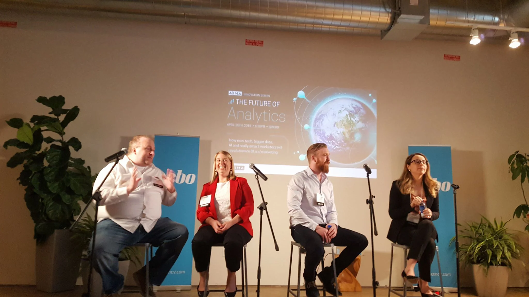 From left to right, the panelists featured at Nebo for AIMA's Future of Analytics event: Adobe (Dave Billbrough), Coca-Cola (Morgan Yates), Crimson Hexagon (Tom McGrath), and Emory University (Vilma Todri)