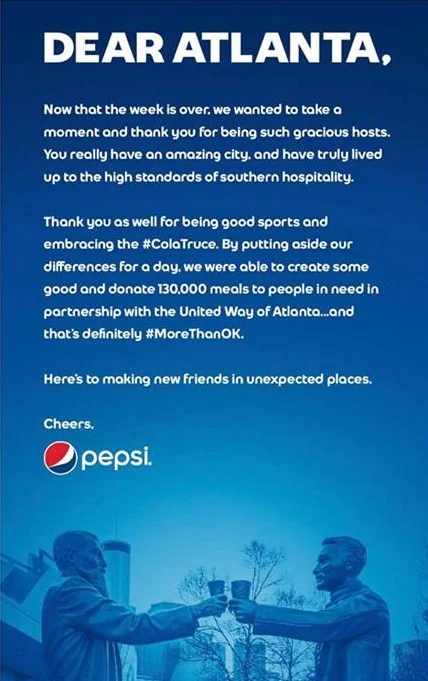 Pepsi thanked Atlanta for having them for the Super Bowl LIII big game.