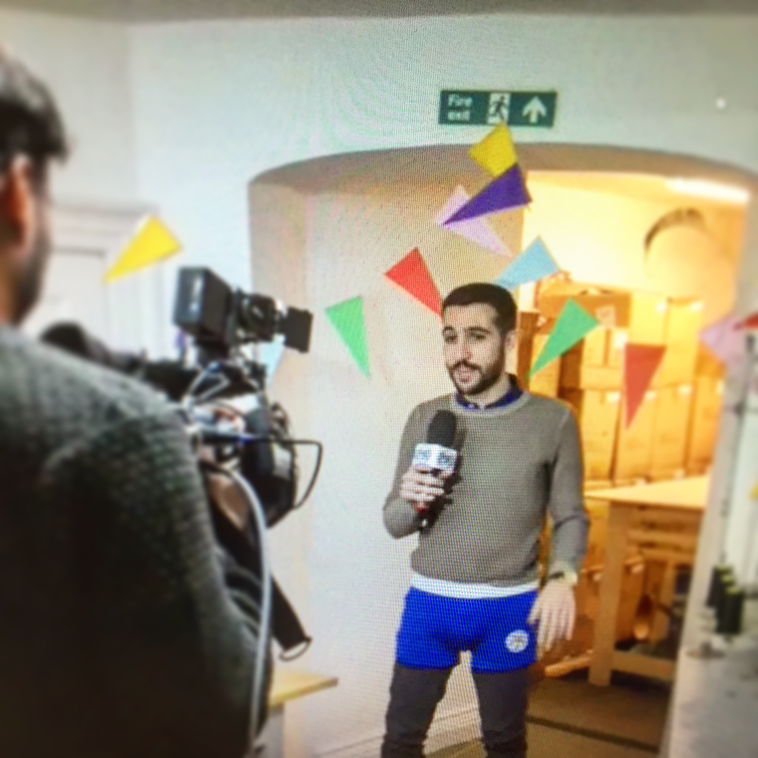 A behind the scenes picture of Emanuele wearing the Leicester City underwear. 