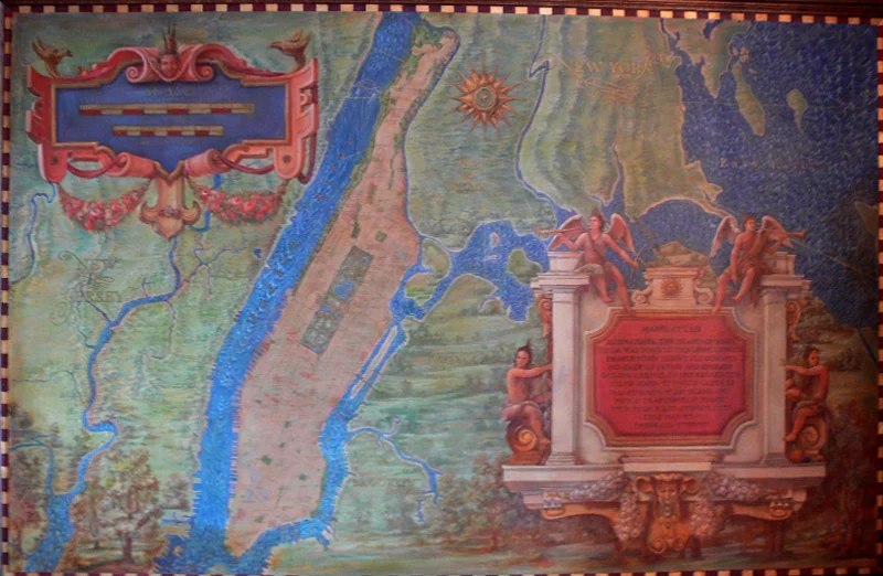 The cartouche in this map of Manhattan is surrounded by American Indians and a brief history of the island. A larger cartouche usually gives a history of the land, but anything can be included.