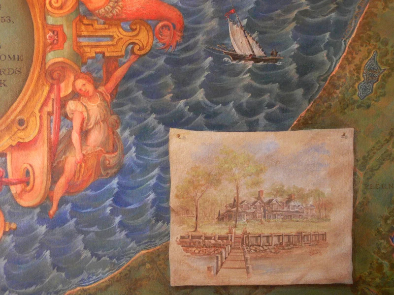 A trompe l'oeil drawing of the house is pinned to the map. Other possibilities include close-ups of a neighborhood, school, portrait or verse. 