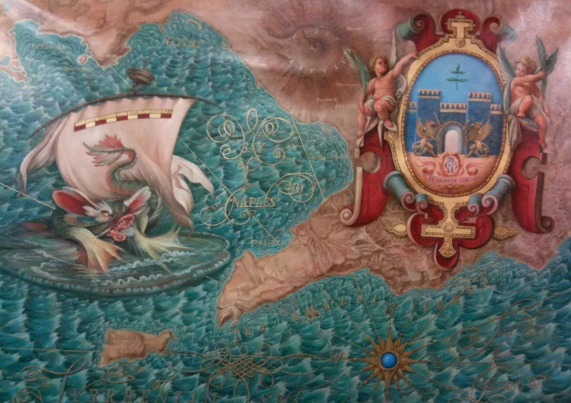 Oh, to be with this map. It was painted for a yacht that cruises the Mediterranean. Stylistically we can work as kitsch as a 50's beach vacation postcard or as detailed as a map found in the Vatican. 