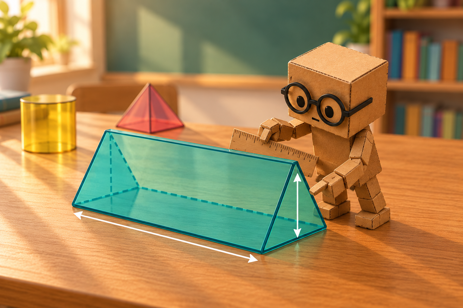 CT‑1 measuring a translucent triangular prism to explore cross-sectional area and volume.