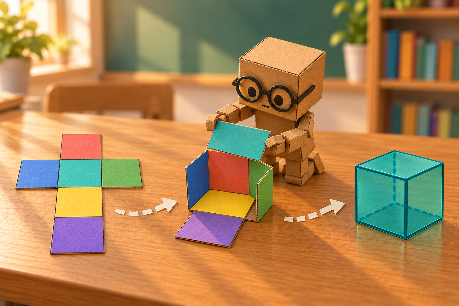 CT‑1 folding a six-square net to demonstrate how a 2D pattern forms a 3D cube