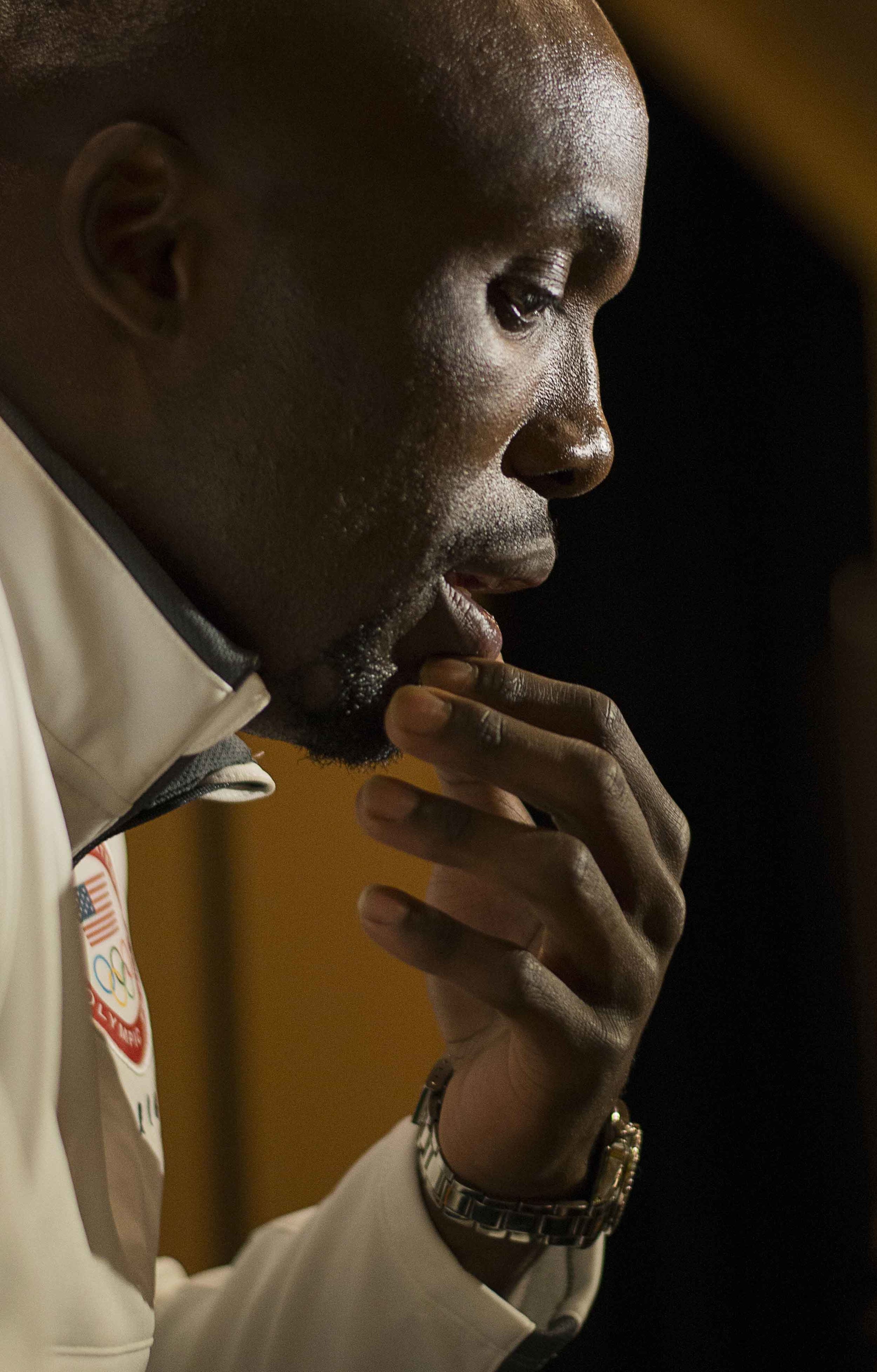 LaShawn Merritt, a track and field gold medalist for 400m in 2008, takes a moment before answering a question by the press at the Team USA Media Summit on March 8, 2016. 