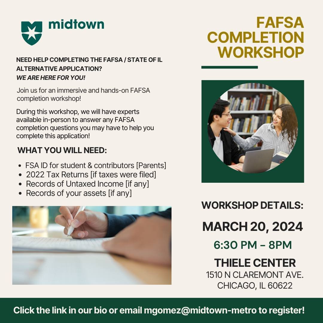 In response to the Department of Education&rsquo;s recent updates to the FAFSA application, Midtown-Metro is hosting an in-person FAFSA completion event at Midtown. What to expect:
⭐️We will have professionals available to answer questions and to gui