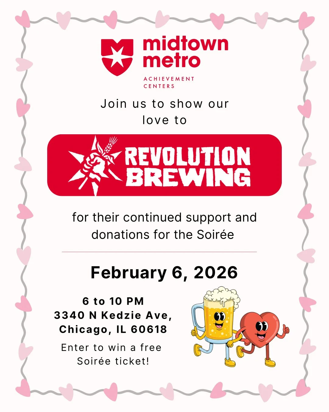 TONIGHT! (Correction: February 6 and not February 7).
Join fellow Midtown-Metro volunteers and supporters at Revolution Brewing.  Thanks to @revbrewchicago for being a longtime sponsor of our annual Auxiliary Board Soir&eacute;e. Speaking of which, t
