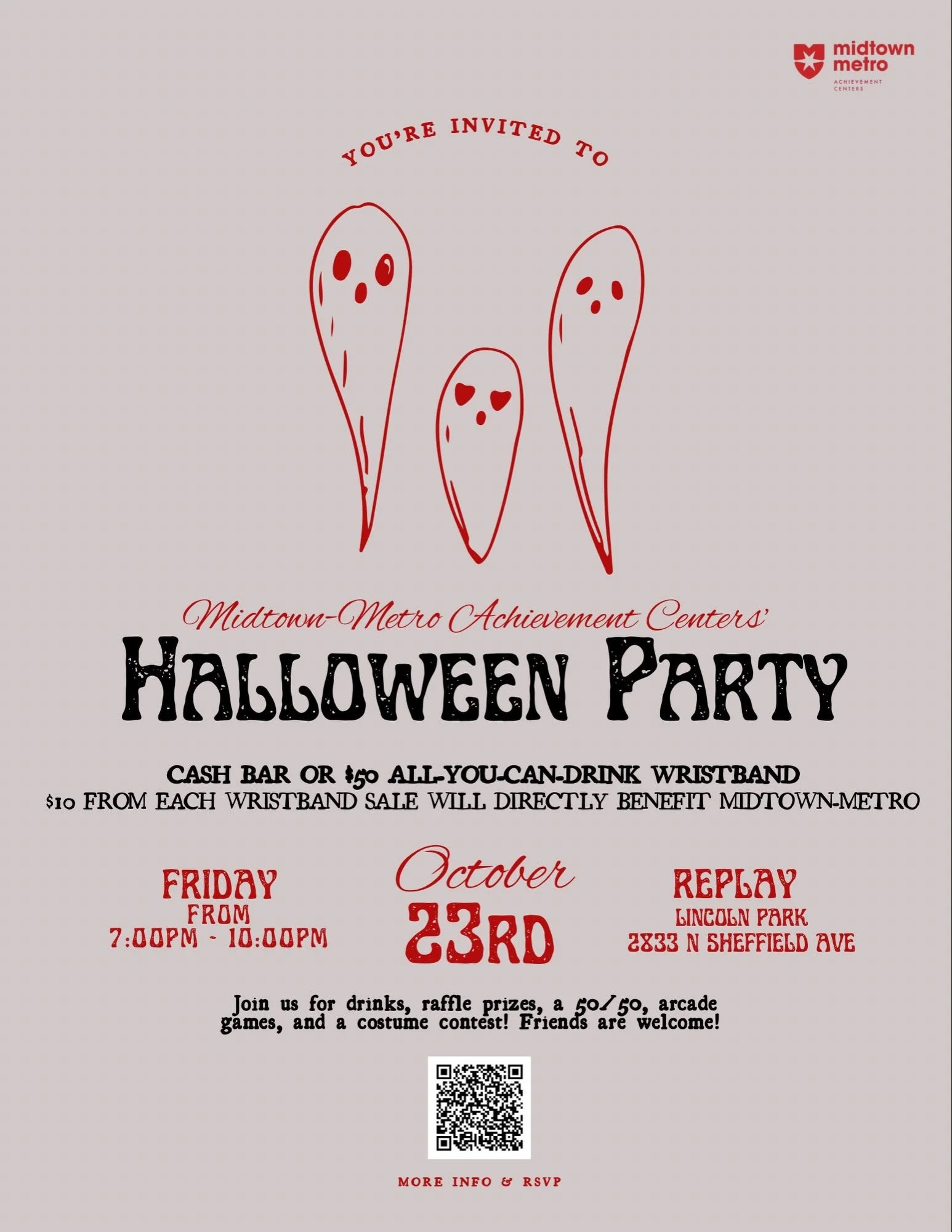 👻 You&rsquo;re invited! 👻

Join the Midtown-Metro Auxiliary Board for our Halloween Party fundraiser at Replay Lincoln Park! 🎃

📅 Friday, October 23
⏰ 7:00 to 10:00 PM
📍 Replay Lincoln Park, 2833 N Sheffield Ave

Expect drinks, raffle prizes, a 