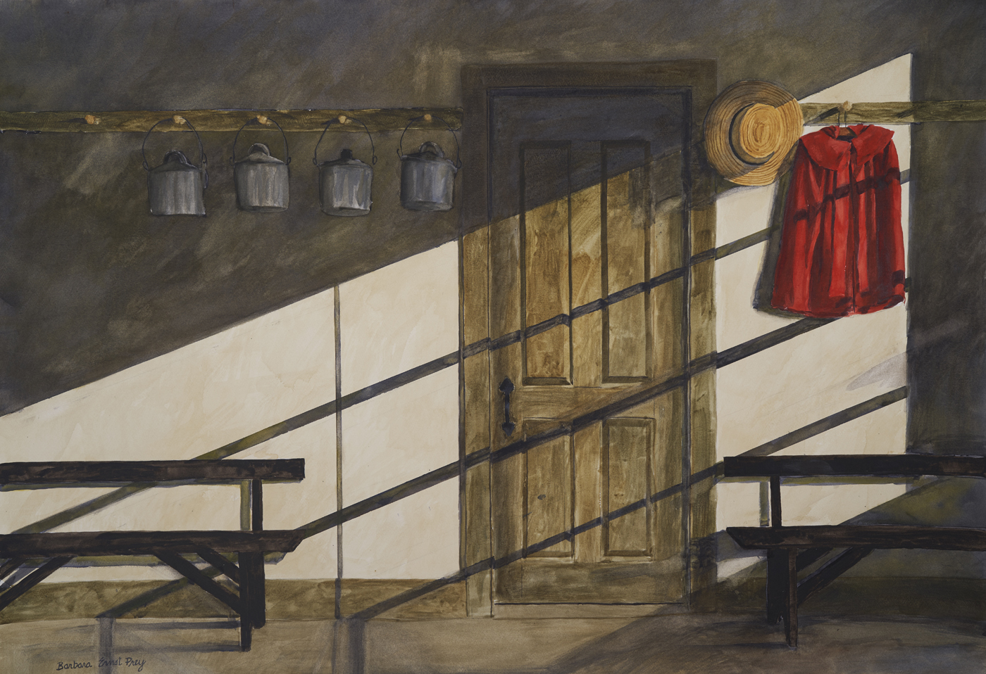 School Room Red Coat, 2019, Watercolor and drybrush on paper, 28 x 40 inches