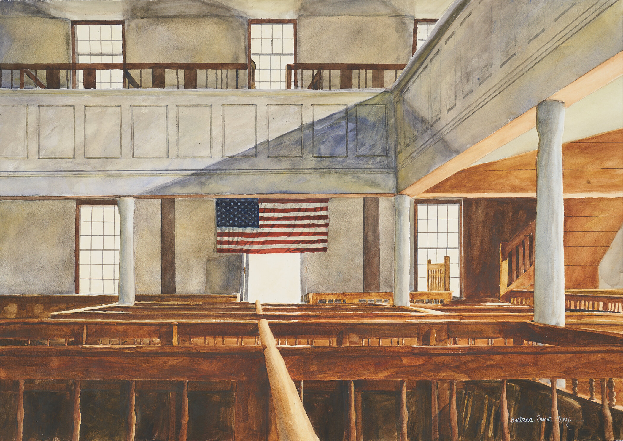 Filtered Light, Meeting House, 2020, Watercolor and Drybrush on paper, 29.25 x  41.75 inches