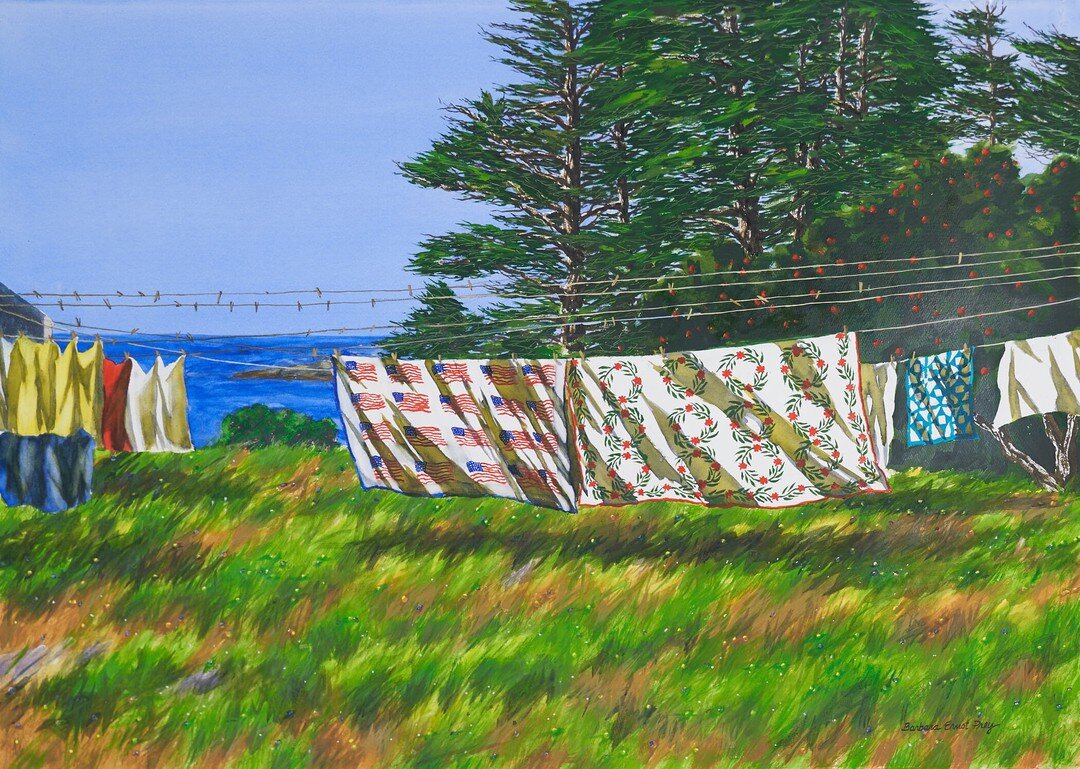 &quot;Airing Dry,&quot; Watercolor on Paper, 29.75&rdquo; x 41.25,&quot; hangs at the &quot;What a Long Strange Road It's Been: Paintings from Quarantine&quot; show here at Barbara Prey Projects in Port Clyde. Come stop by!