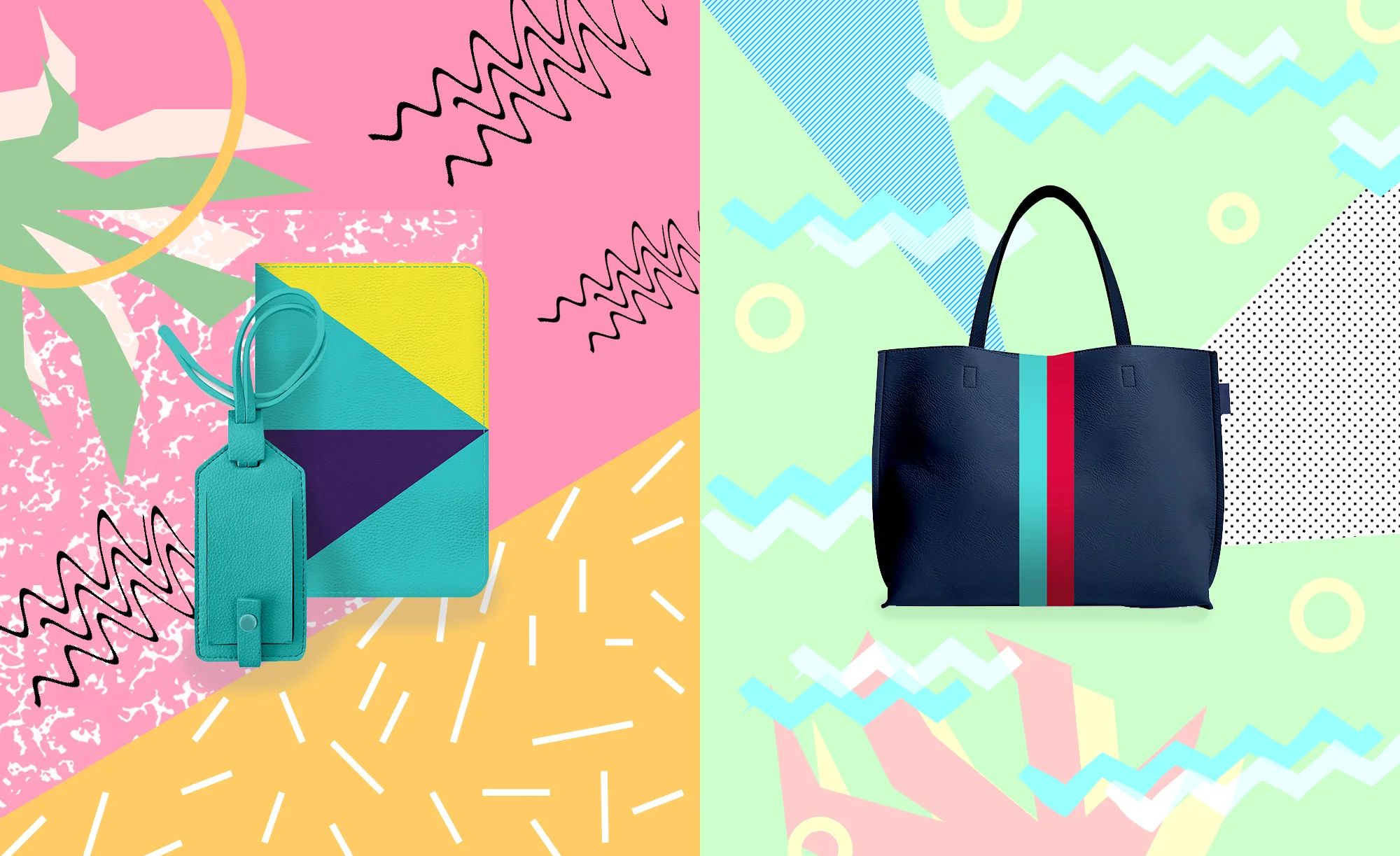 Left: Geometric color block travel set, Right: East-west color block tote