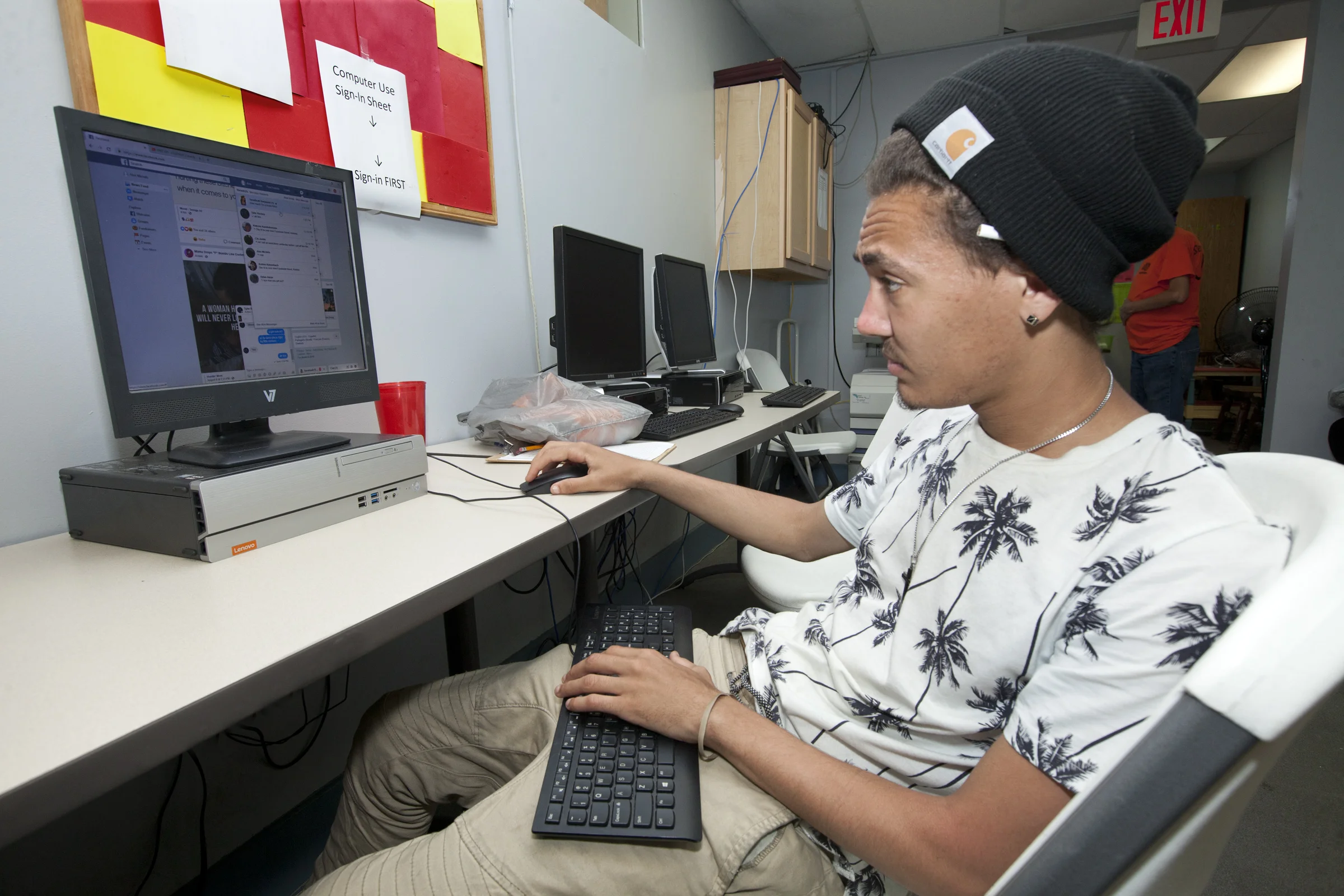 Computers are available to help connect neighbors to needed resources.