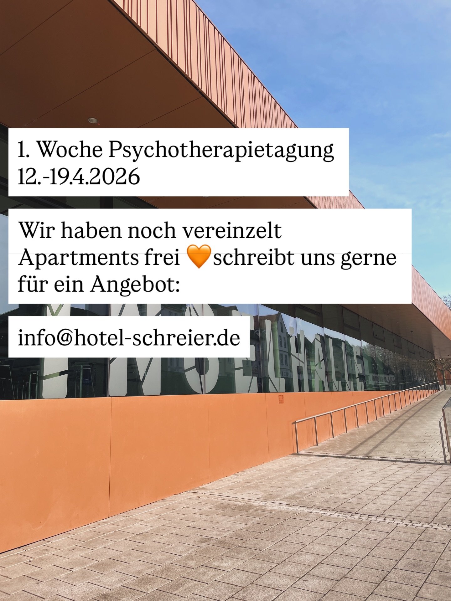 &hellip;gerne unterbreiten wir euch ein individuelles Angebot f&uuml;r euer Apartment auf der Insel am Hafen-ca. 10 Gehminuten von der Inselhalle entfernt✨per Email:

info@hotel-schreier.de

Wir freuen uns auf euch!🧡

Mehr Infos zur Veranstaltung:
h