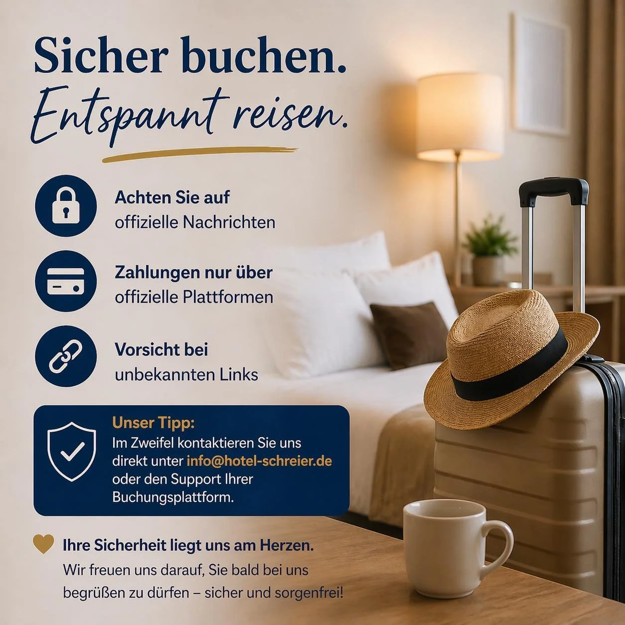 🔐 Wichtiger Hinweis f&uuml;r unsere G&auml;ste &ndash; Sicher buchen &amp; entspannt reisen

Liebe G&auml;ste,

aktuell kommt es laut Medienberichten vermehrt zu externen Betrugsversuchen (Phishing) im Zusammenhang mit Buchungen &uuml;ber Plattforme