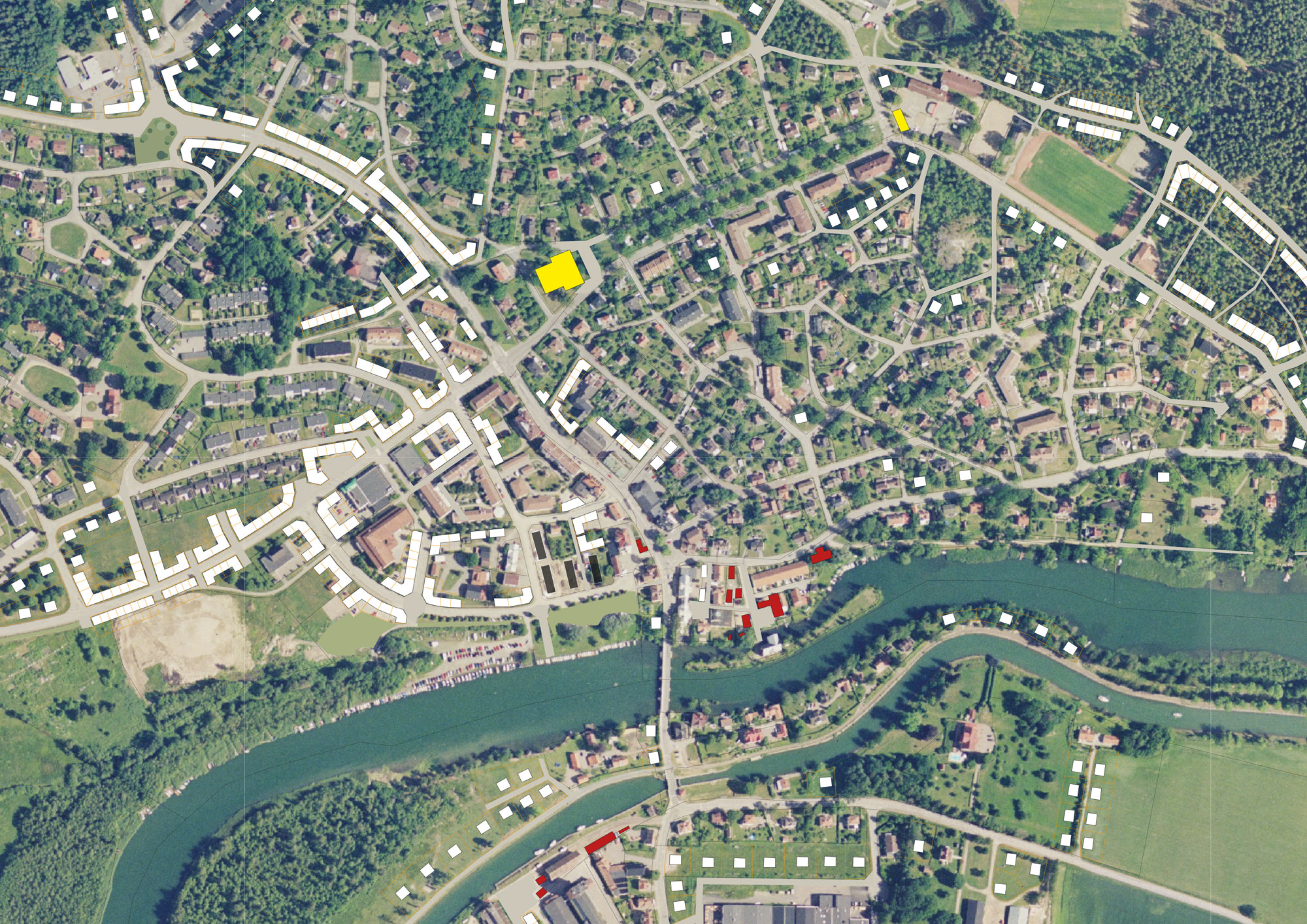Förtätningsförslag för Borensberg. Illustration av Lukas Memborn, praktikant hos Motala kommun 2009. De vita rutorna visar förtätningsmöjligheter.