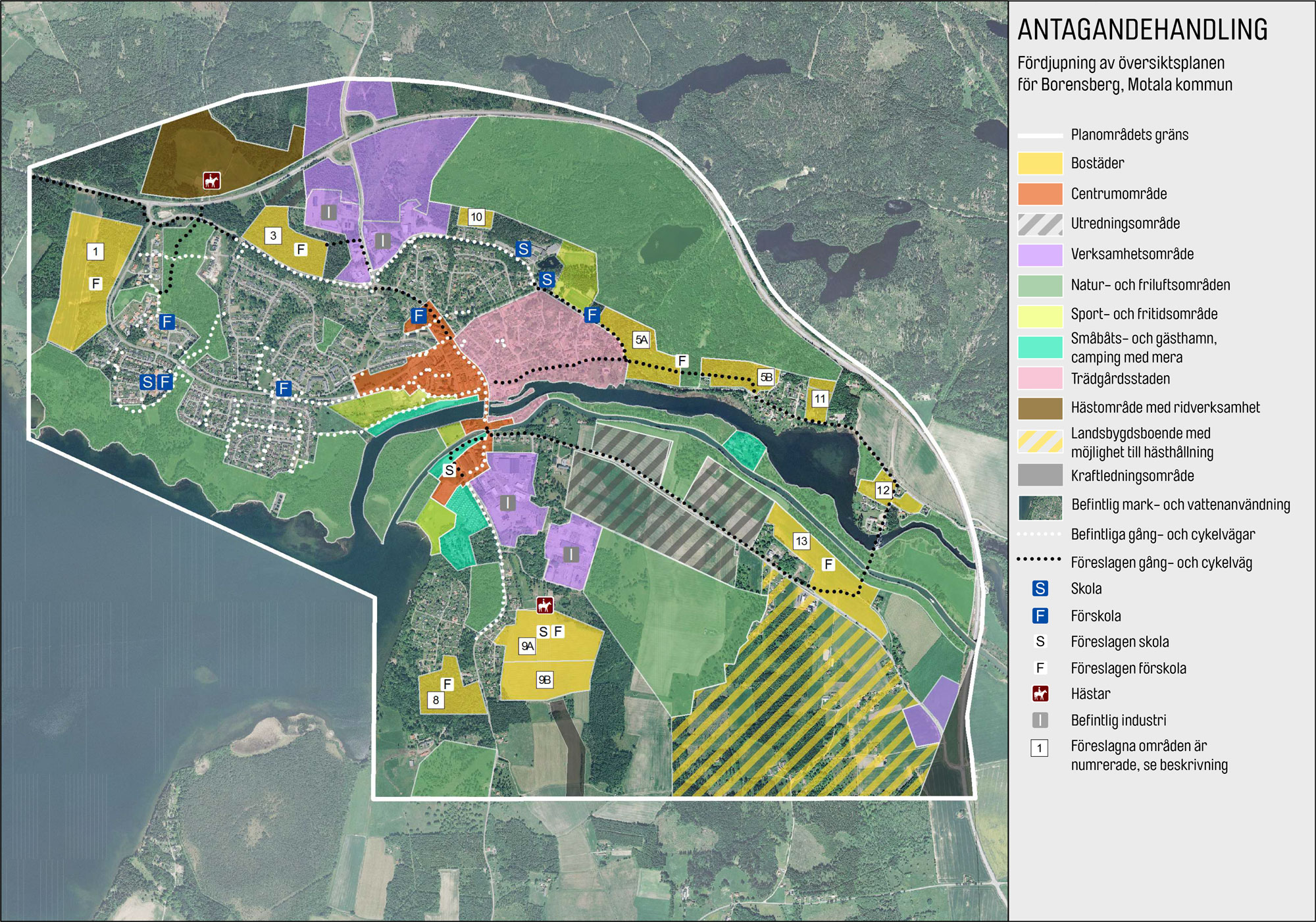 Fördjupning av översiktsplanen för Borensberg, Smideman Arkitekter och Motala kommun. De gula områdena är utbyggnadsområden för bostäder. 