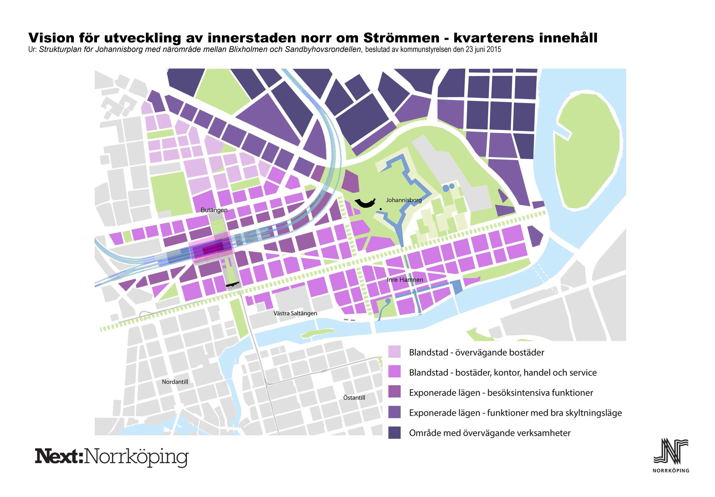 Norrköping kommuns vision för utveckling av innerstaden med Butängen och det nya stationsläget i fokus. Färgerna visar det tänka innehållet för den tillkommande bebyggelsen. Karta framtagen av stadsbyggnadskontoret, Norrköpings kommun.