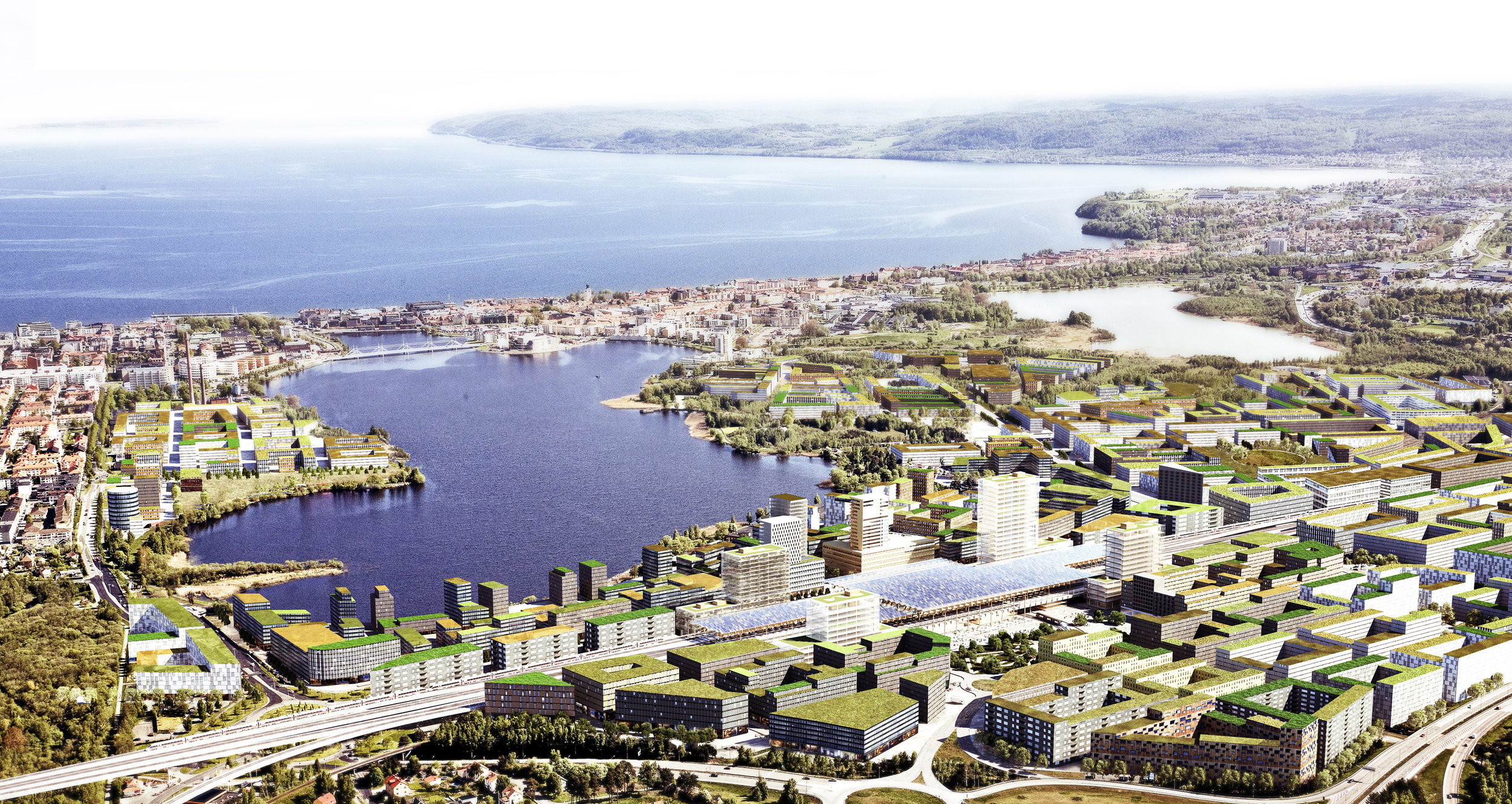 Förutom att planera och förverkliga en helt ny stadsdel behöver man också ta hänsyn till den enorma satsning som en höghastighetsjärnväg kräver. I Jönköping finns höjdskillnader runt omkring staden att ta hänsyn till och det gör att järnvägen behöver lyftas fram på en cirka 10 meter hög bro genom staden. Bild: Wingårdh Arkitekter AB
