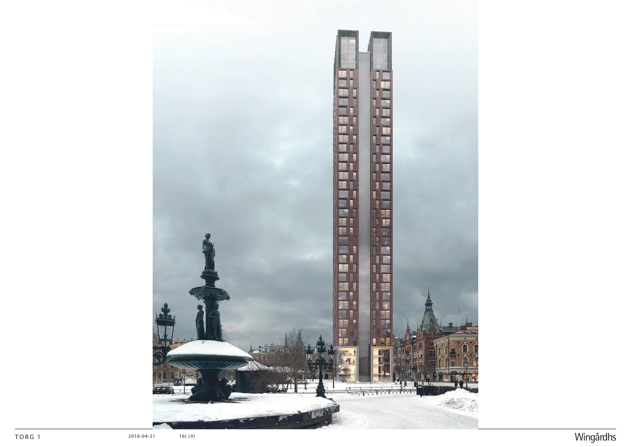 Höghuset förselås bli drygt 110 meter högt med 38 våningar, varav 34 för bostäder och de fyra nedre med allmänna verksamheter såsom café, restaurang och dylikt. Bild: Wingårdh Arkitekter AB