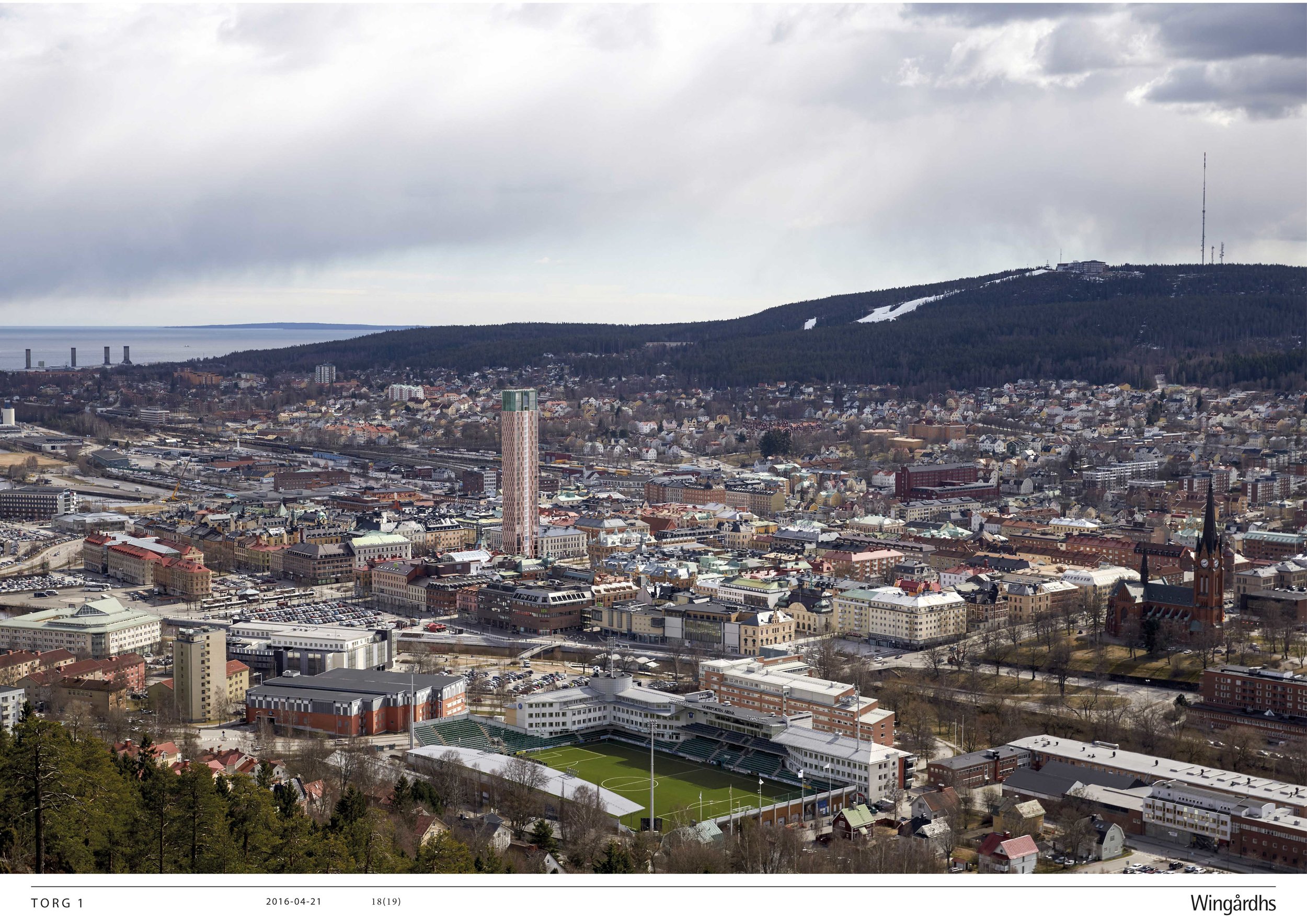 Det finns också olika faktorer som framhålls som positiva med ett höghus: markering av torget/centrala Sundsvall, ett kännetecken/symbol för Sundsvall, den kan visa att det händer saker i Sundsvall. Bild: Wingårdh Arkitekter AB