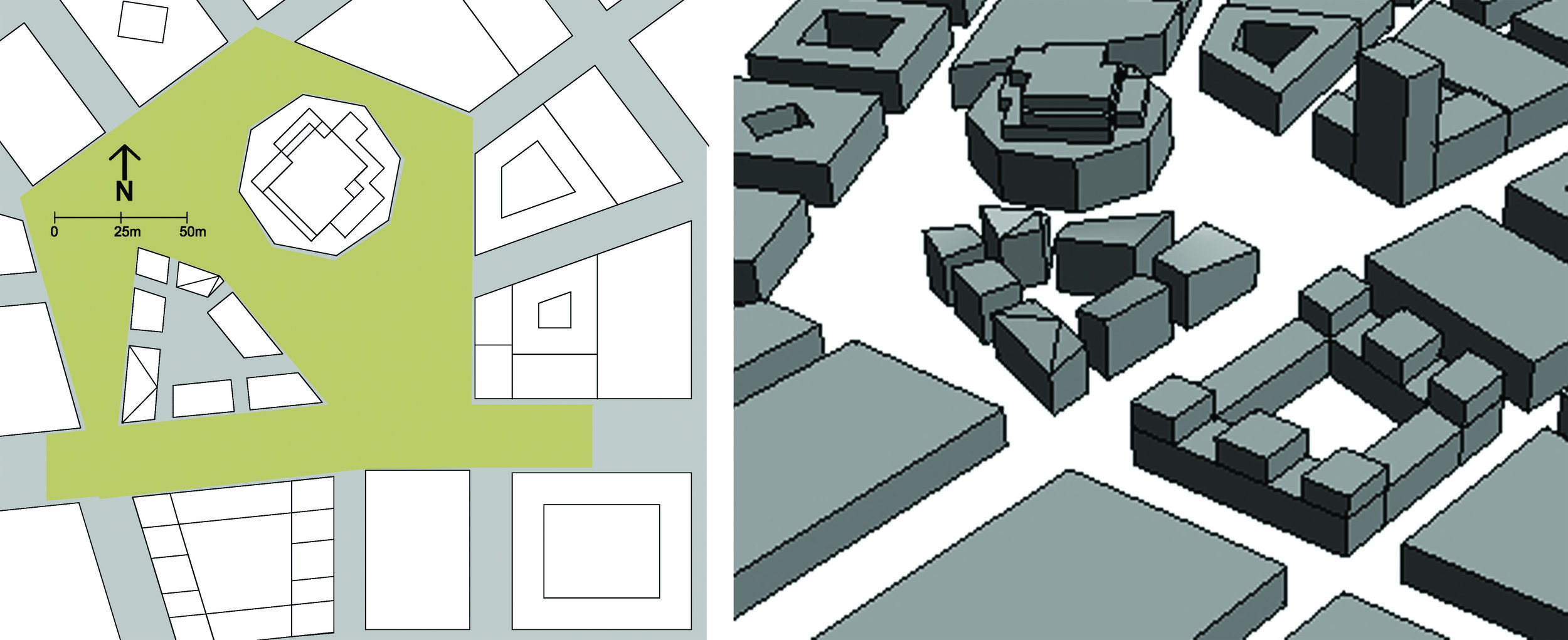 Situationsplan och 3D-illustration av designförslaget. Studiefallet är baserat på ett designförslag av White Arkitekter. 