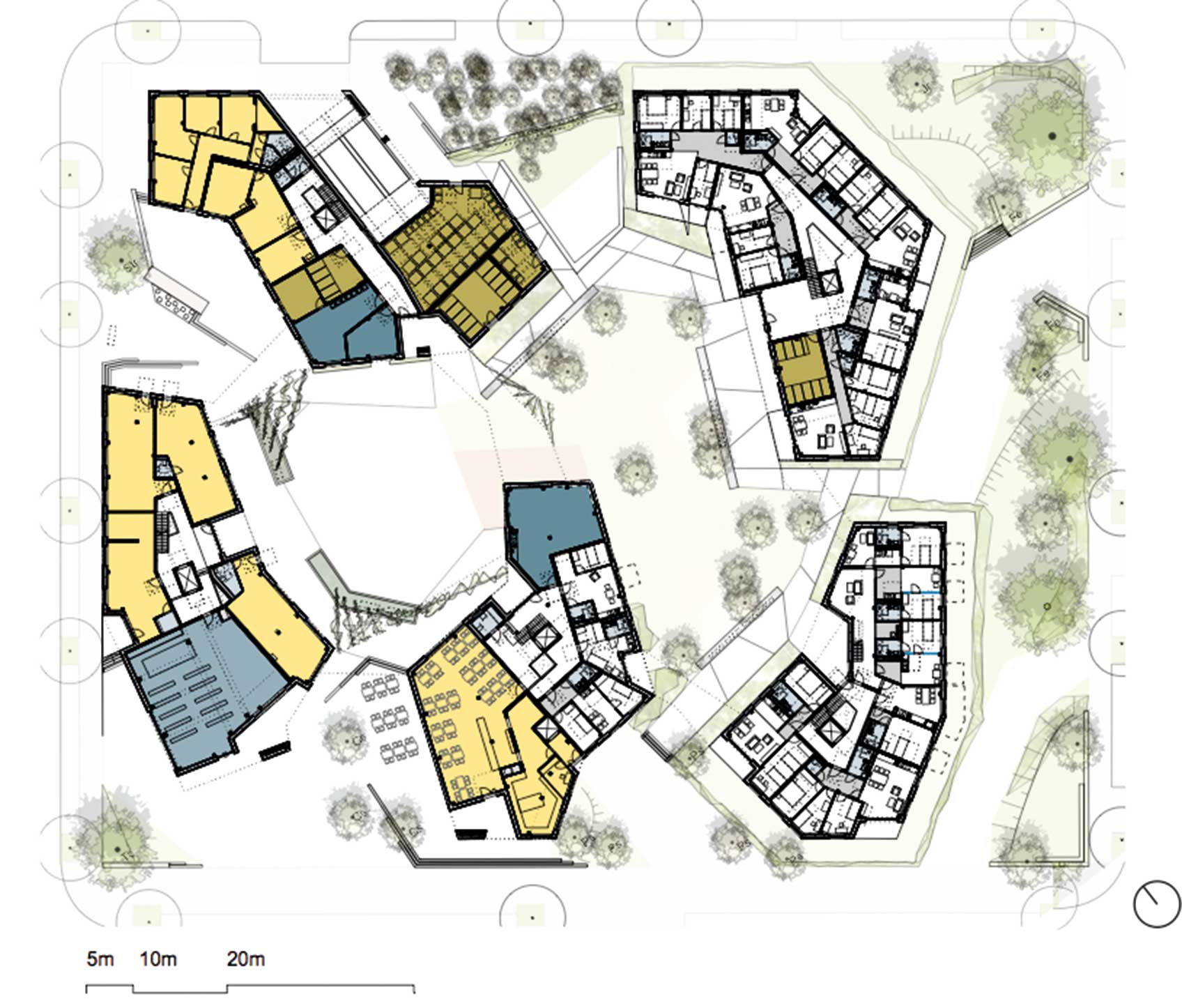 Plan över WagnisART, München, ett kvarter format tillsammans med de blivande boende. Vitt= bostäder, blått=gemensamt, gult= lokaler.