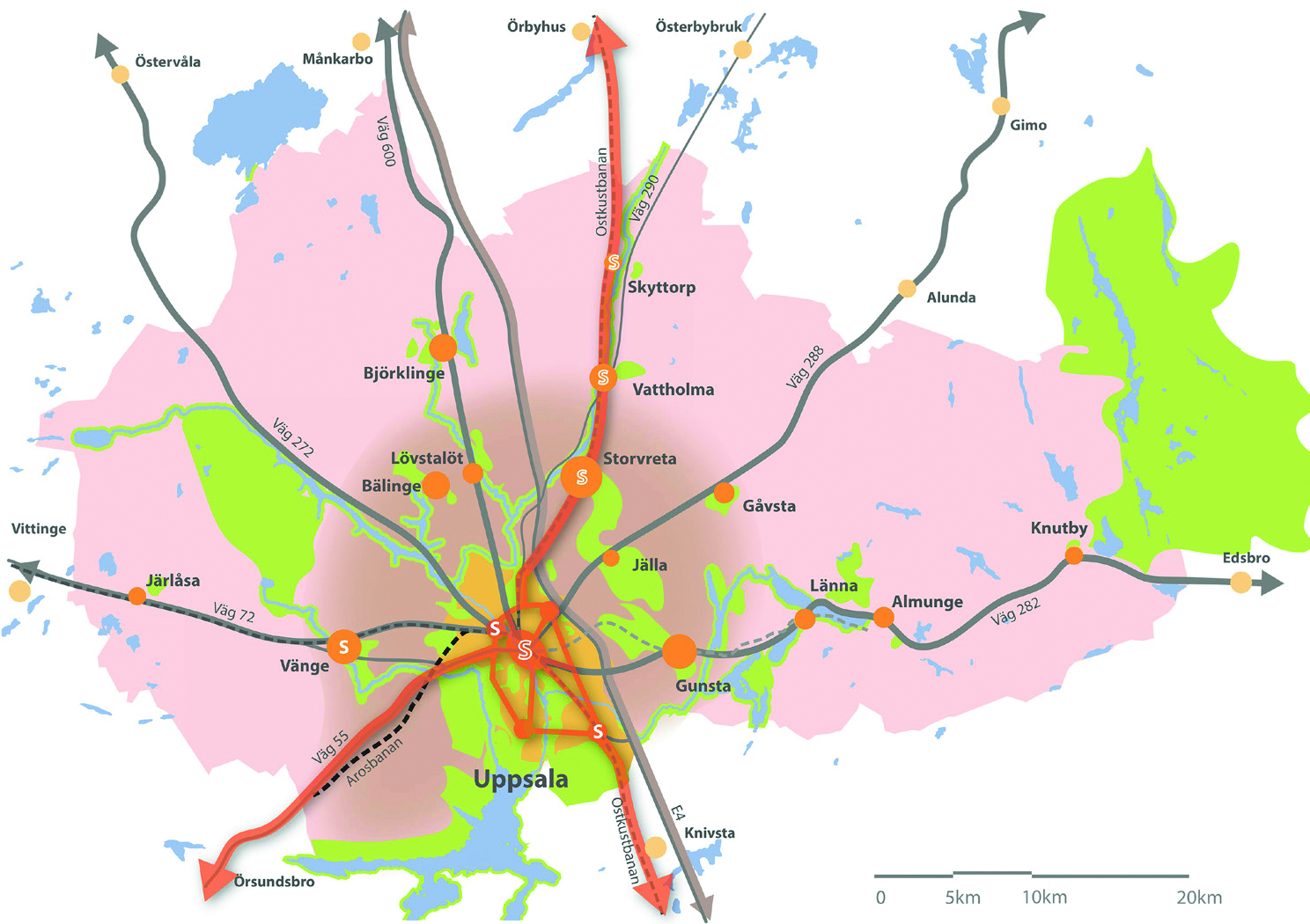 Strukturbild för hela kommunen 2050+. Bilden visar den övergripande strukturen med viktiga noder, stråk, prioriterade tätorter, landsbygden, stadens omland och grönområden.