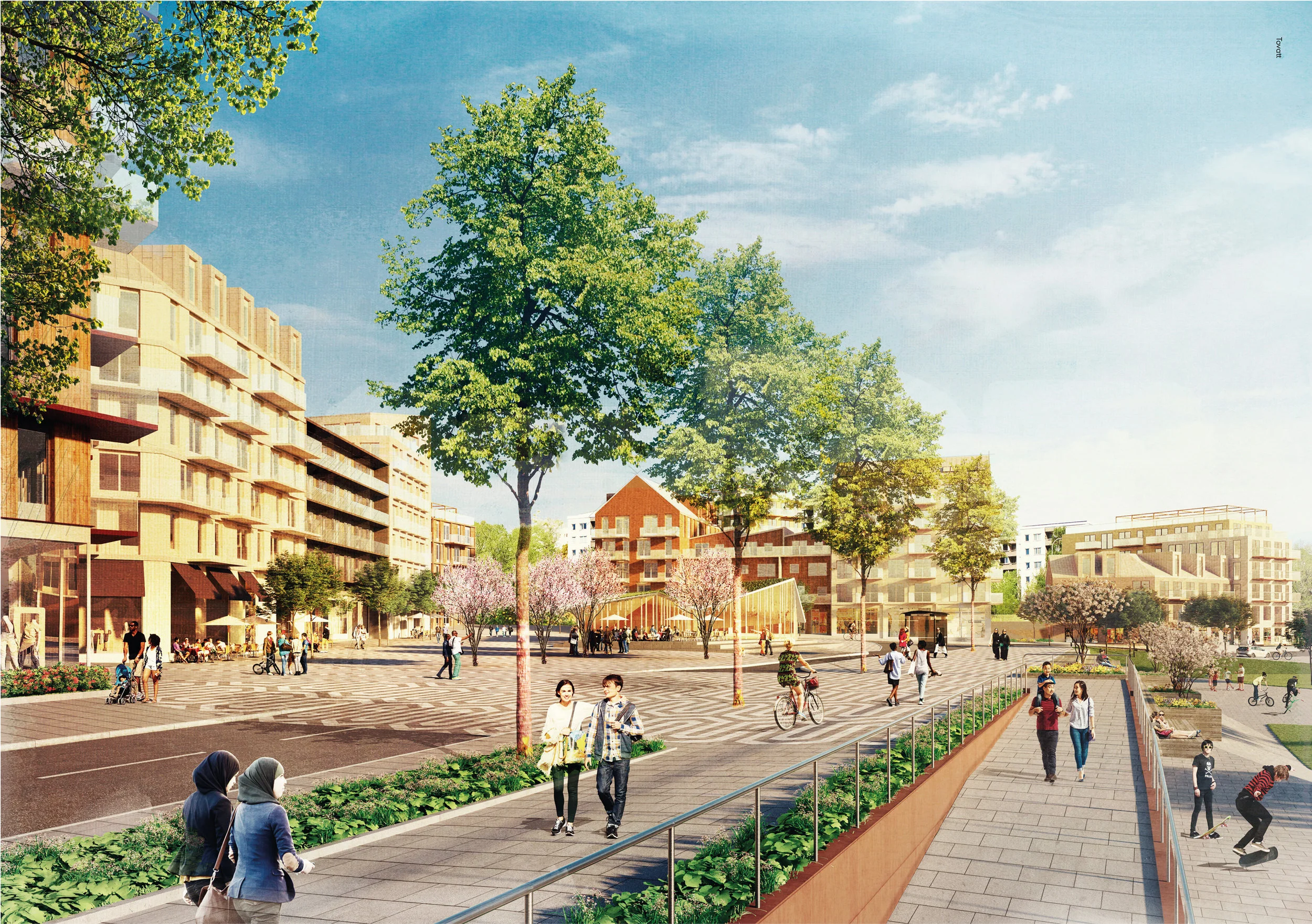 Visionsbild som visar ny föreslagen bebyggelse kring det nya torget i korsningen Vårbergsvägen/Svanholmsvägen samt nya kopplingar till Vårbergs IP genom trappningar. Illustration Tovatt Architects & planners