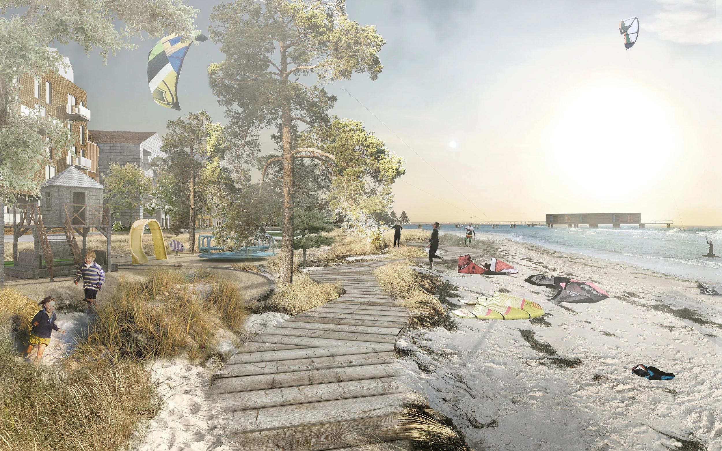 Reclaimed coastal promenade extends the new neighbourhood to the sea.