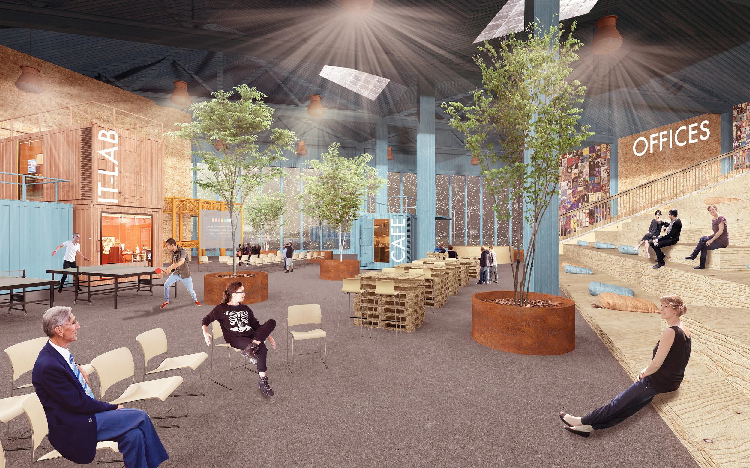 Converted warehouse combines productive functions with community facilities in a new creative hub.
