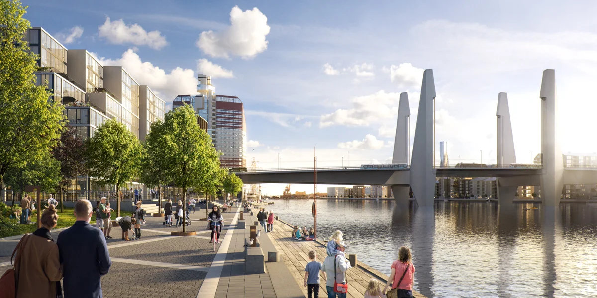 Visionsbild av Hisingsbron från Kajstraåket centralområdet, Tomorrow för Göteborgs stad
