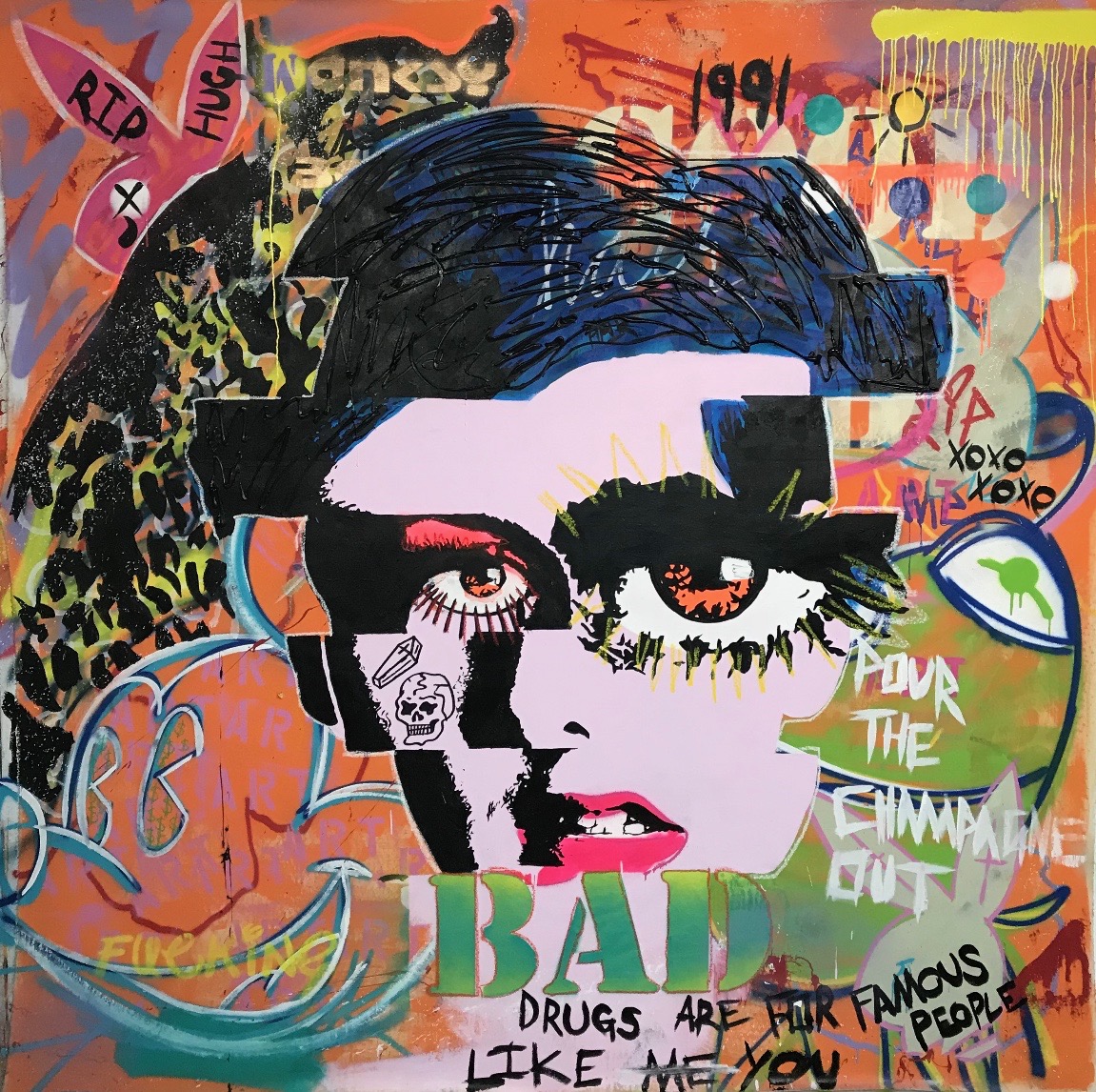 What Happened To Twiggy?, 2017 Acrylic paint, spray paint and oil pastel on canvas