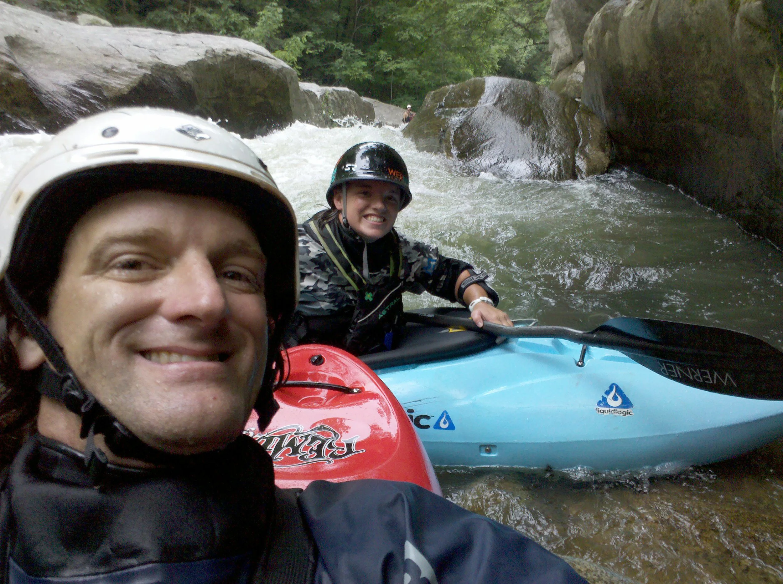 Along the way Adriene had a lot of help from many people. One of the biggest influences on her life was Shane Benedict. Shane taught Adriene much more than just about kayaking, he taught her life lessons and how to get over hardships. He will always be like a father to Adriene. Selfie in the Notch Eddy at Gorilla, Green River, NC 2008