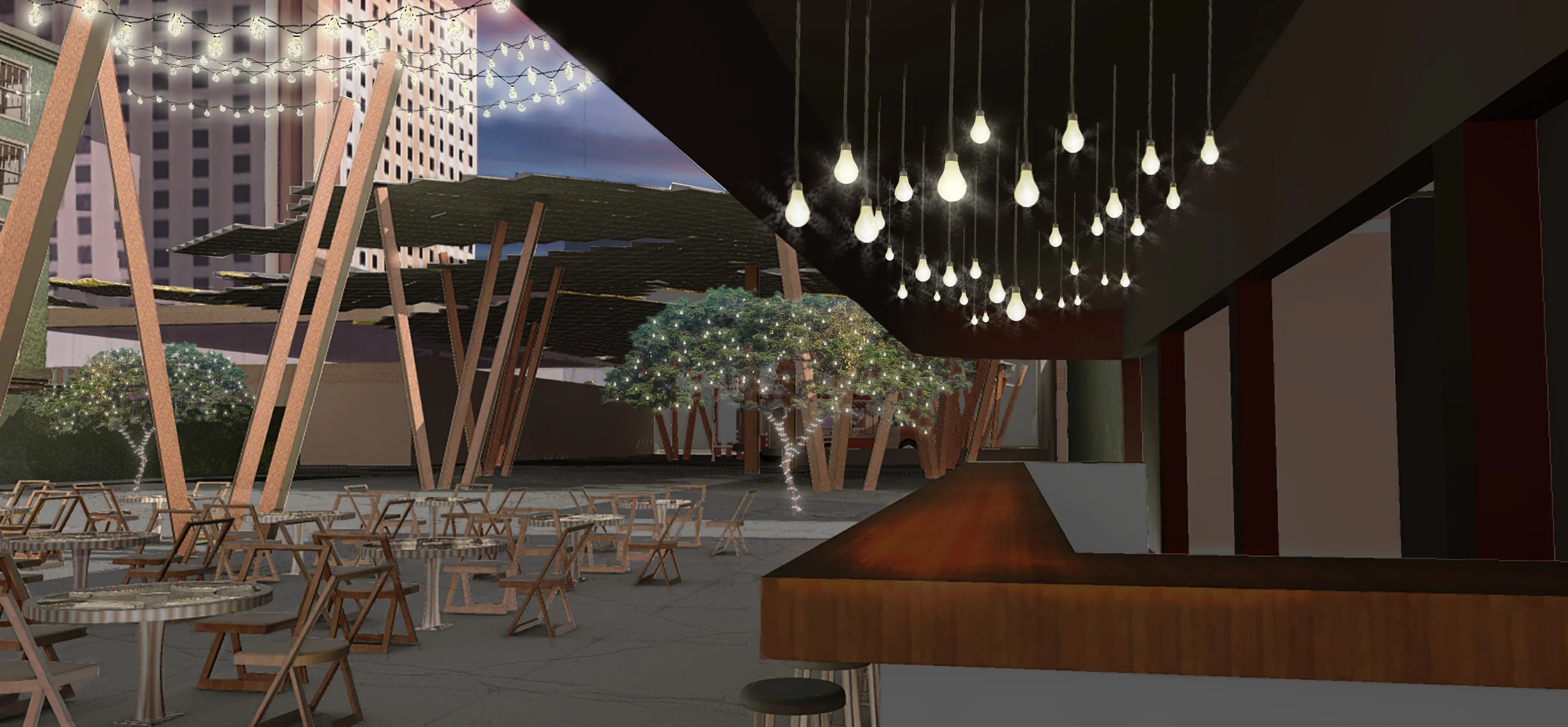 This image is the overlay of Sketchup and Kerkythea images with some added trees, lights, sky, and background buildings. 
