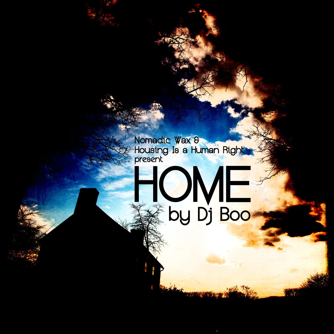 A sunset or sunrise sky with dark silhouettes of trees and a house, with promotional text overlay for an event or album titled 'HOME' by DJ Boo, discussing human rights and housing.