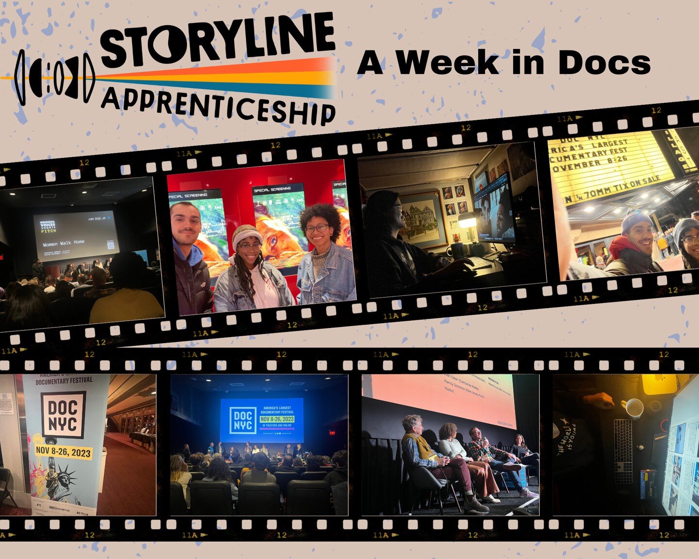 It was a typical Week in Docs for the Storyline team! Storyline apprentices Kunga and Courtney, and associate producer Marshall recently spent a week attending DOC NYC in person and online, and For Your Consideration Screenings for The Mother of All 