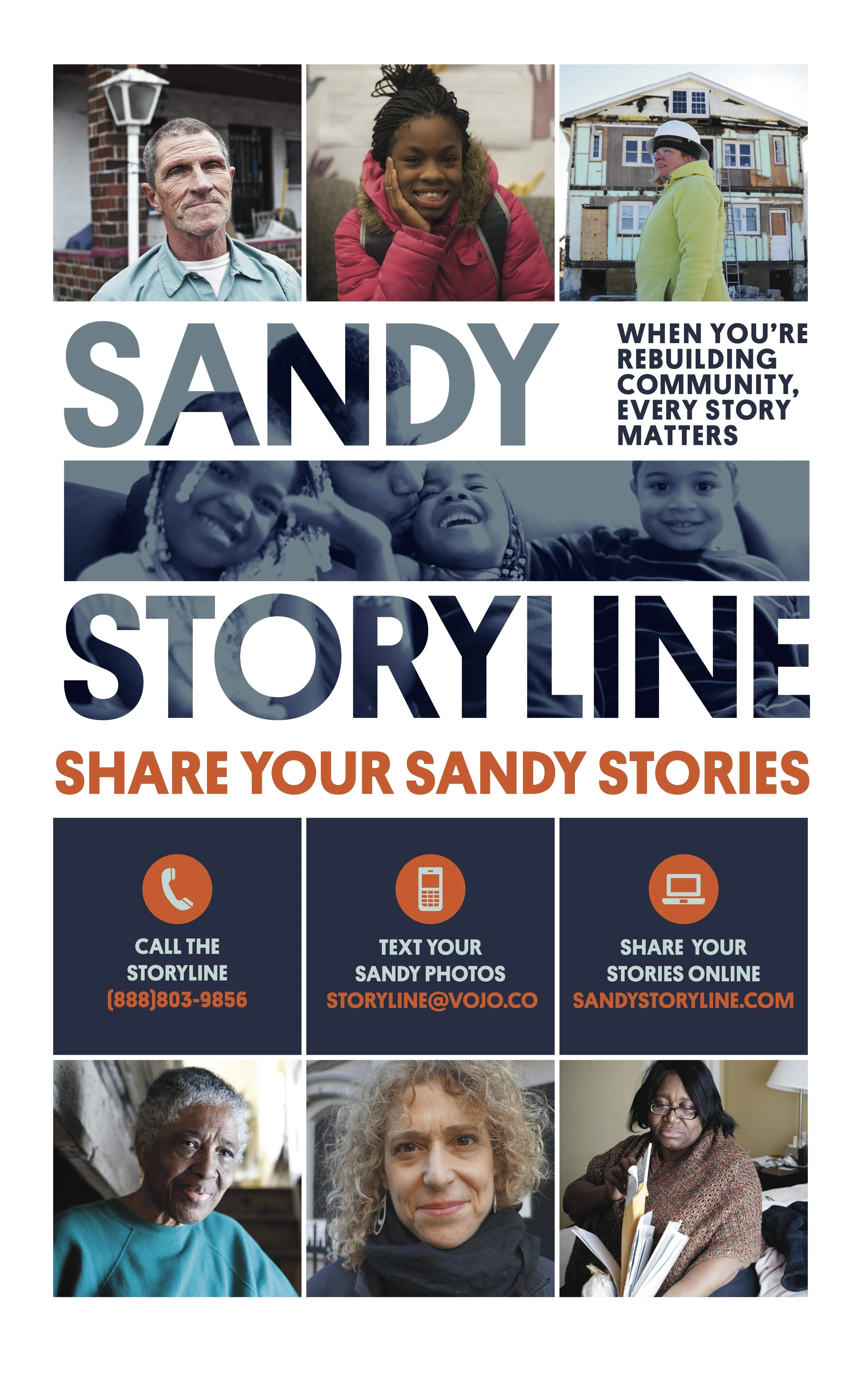Poster encouraging storytelling about rebuilding the Sandy community, featuring diverse faces and contact information for sharing stories via call, text, or online.