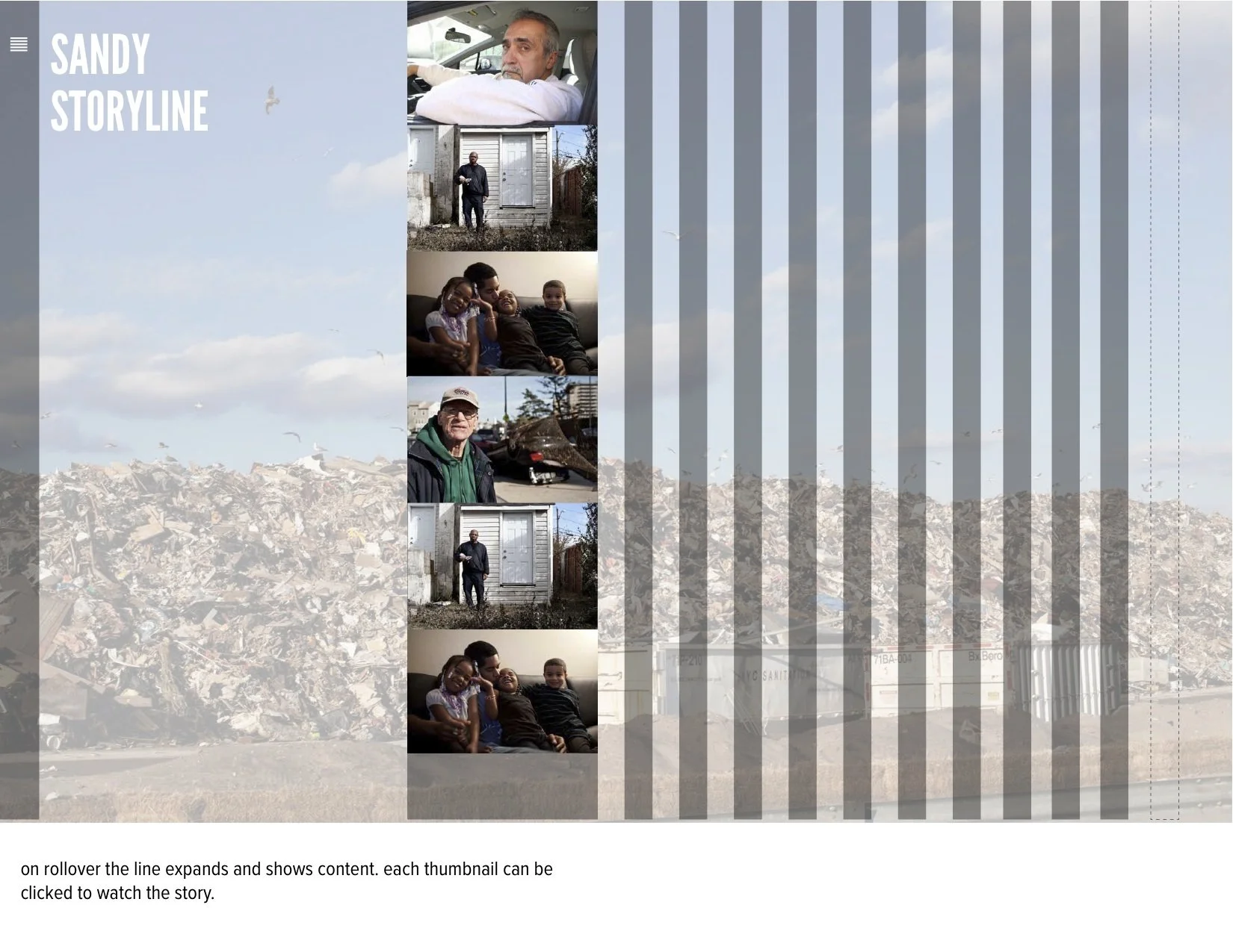 Images of people, a man in a car, a person in front of a house, children sitting together, an older man outdoors, and a man standing in front of a door. Background shows a landfill or dumpsite.