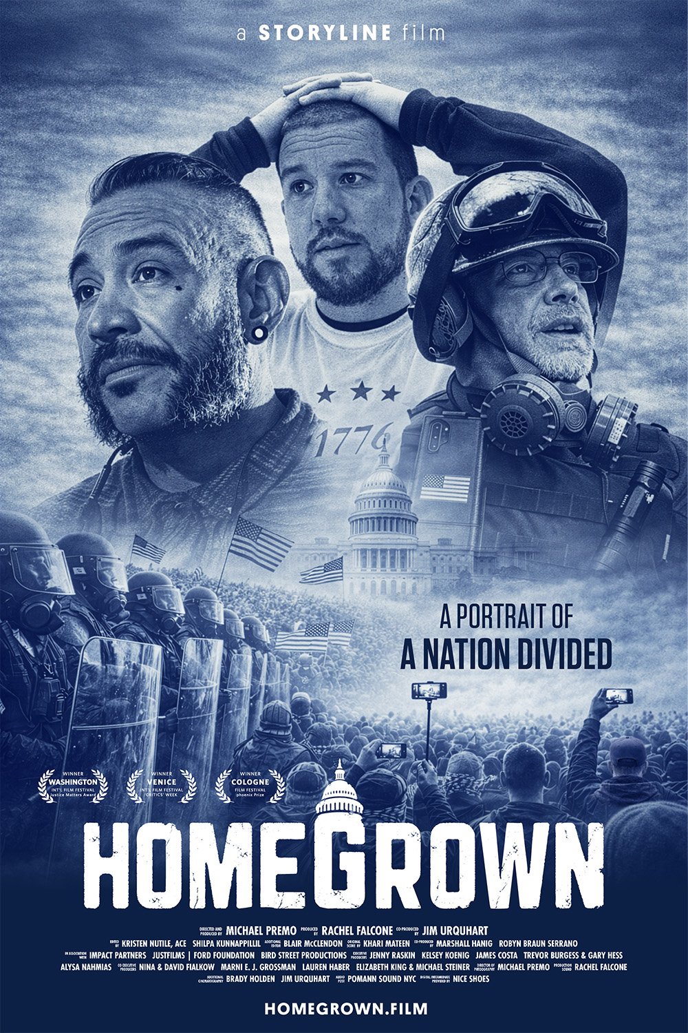 Poster for the film 'Home Grown' featuring three men with serious expressions, American flags, rain, and the U.S. Capitol building, with police officers in riot gear and crowd scenes, emphasizing themes of division and protest.