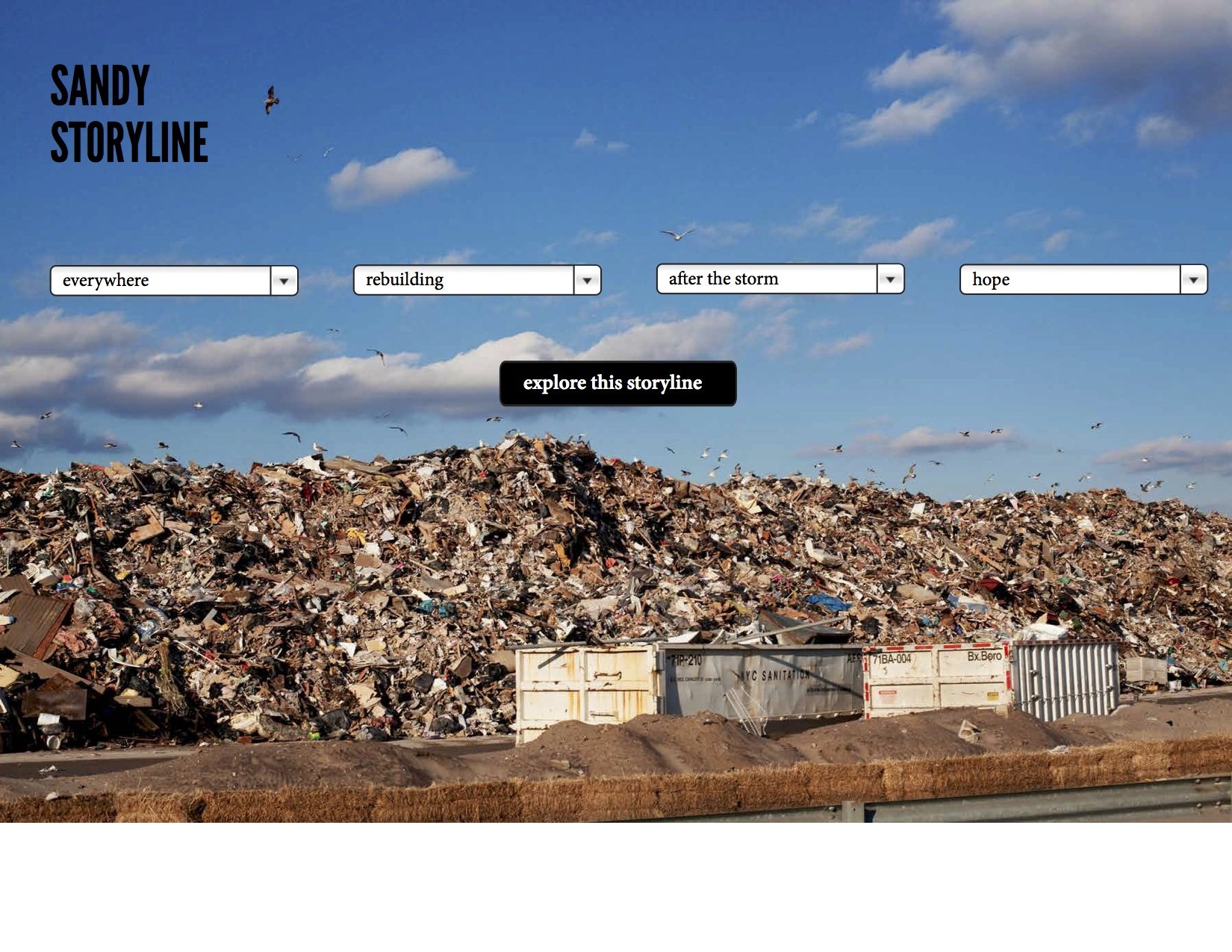 A large landfill filled with trash under a blue sky with clouds, with black seagulls flying overhead.