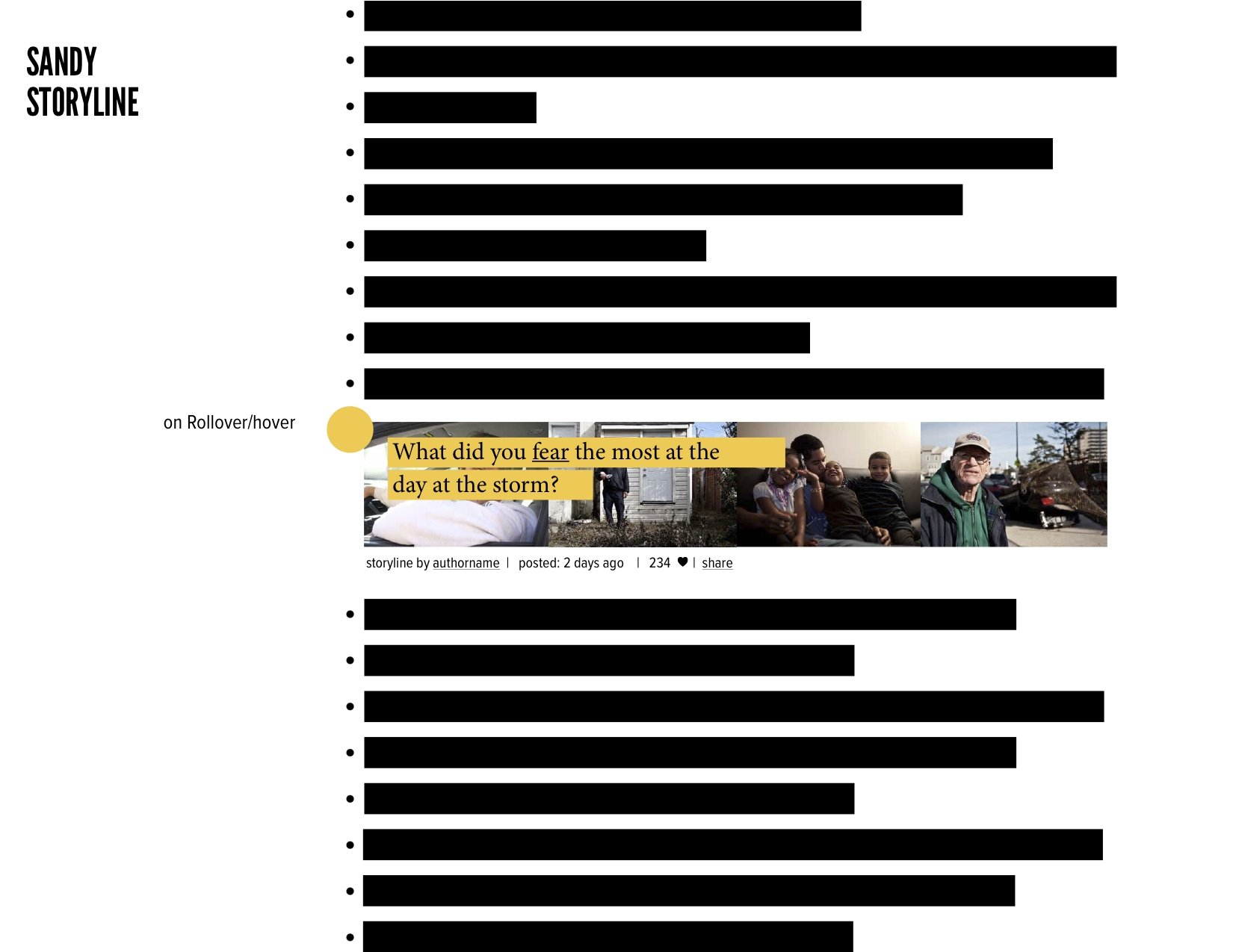 Survey results chart with star rating and categories, and a story question about fears during a storm, accompanied by a photo collage of diverse people affected by storm damage.
