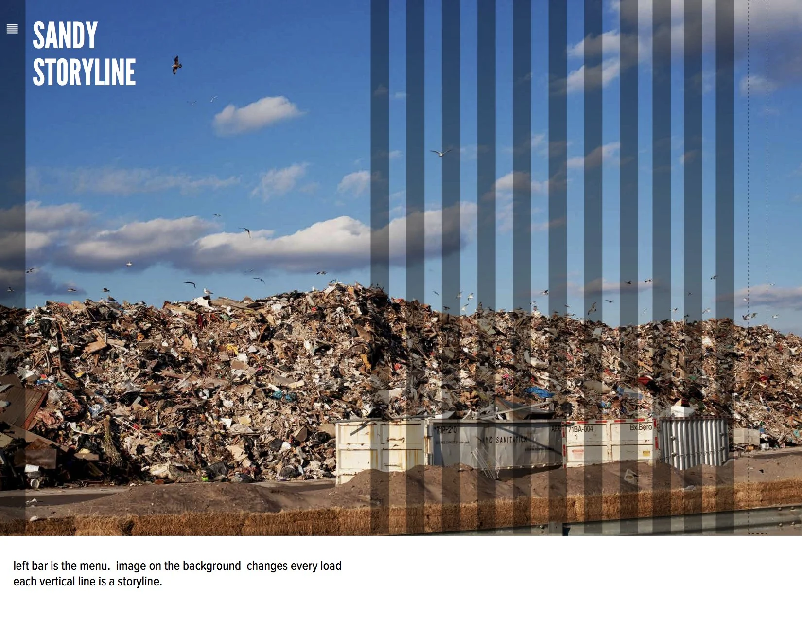 Piles of trash and garbage at a landfill with a blue sky and clouds overhead, birds flying in the sky.