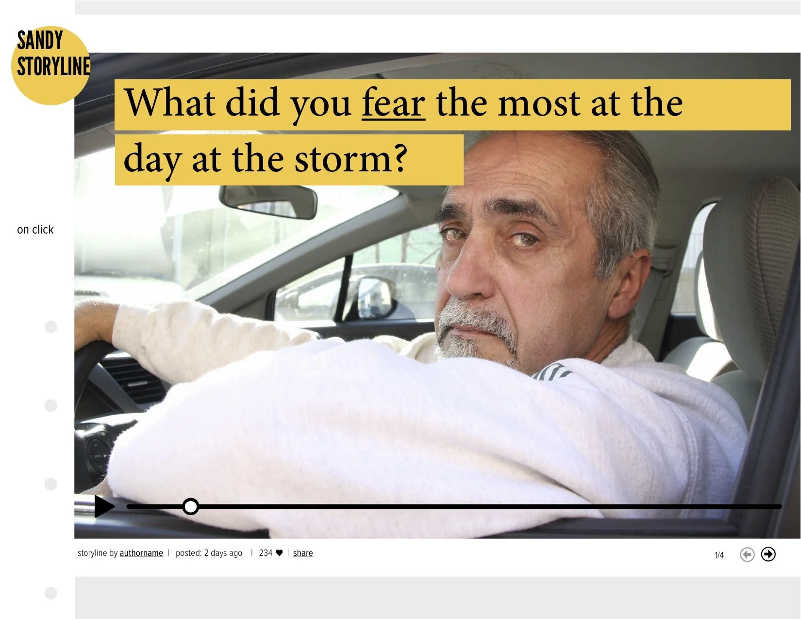 A middle-aged man with gray hair and a beard sitting in the driver's seat of a car, looking back over his shoulder with a serious expression. The car interior is visible, and the man is wearing a light-colored shirt. There is a yellow text box over t