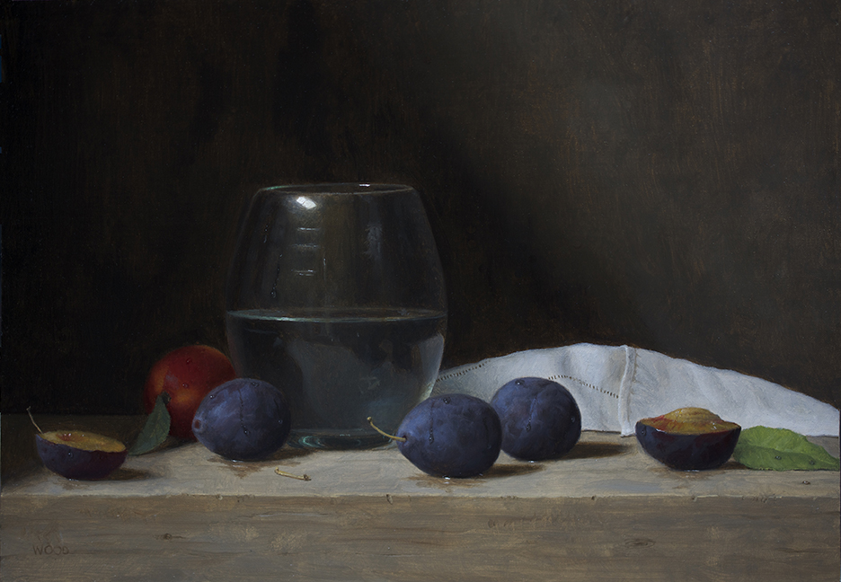  Justin Wood,&nbsp; till Life With Plums and Tangerine,&nbsp; oil on canvas on board, 9x13 in 