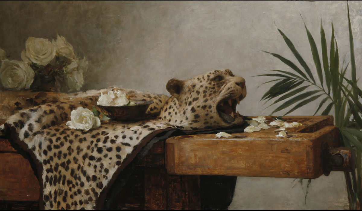  Michael Klein,&nbsp; Leopard Rug with Roses,&nbsp; oil on panel, 18x30 in 