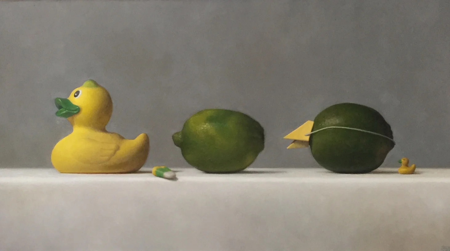 Samuel Hung, "Imposters #6: ducks, limes and candy corn)", oil on panel, 10x18 in