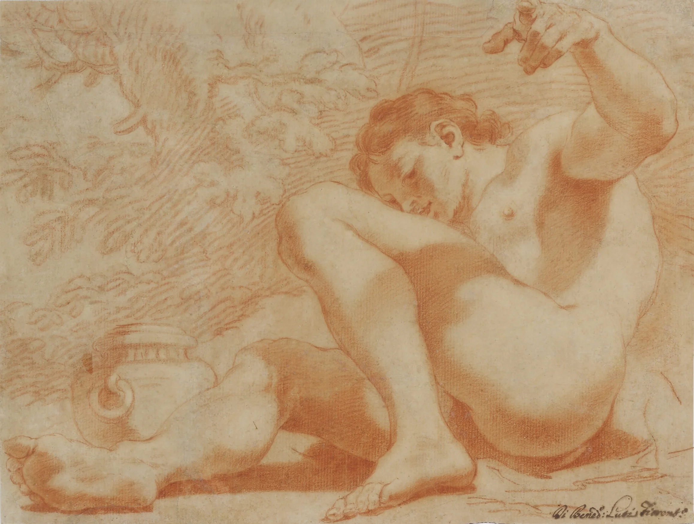 Benedetto Luti (b. 1666) Young Man Reclining 10 x 14 ½ in. red chalk on paper