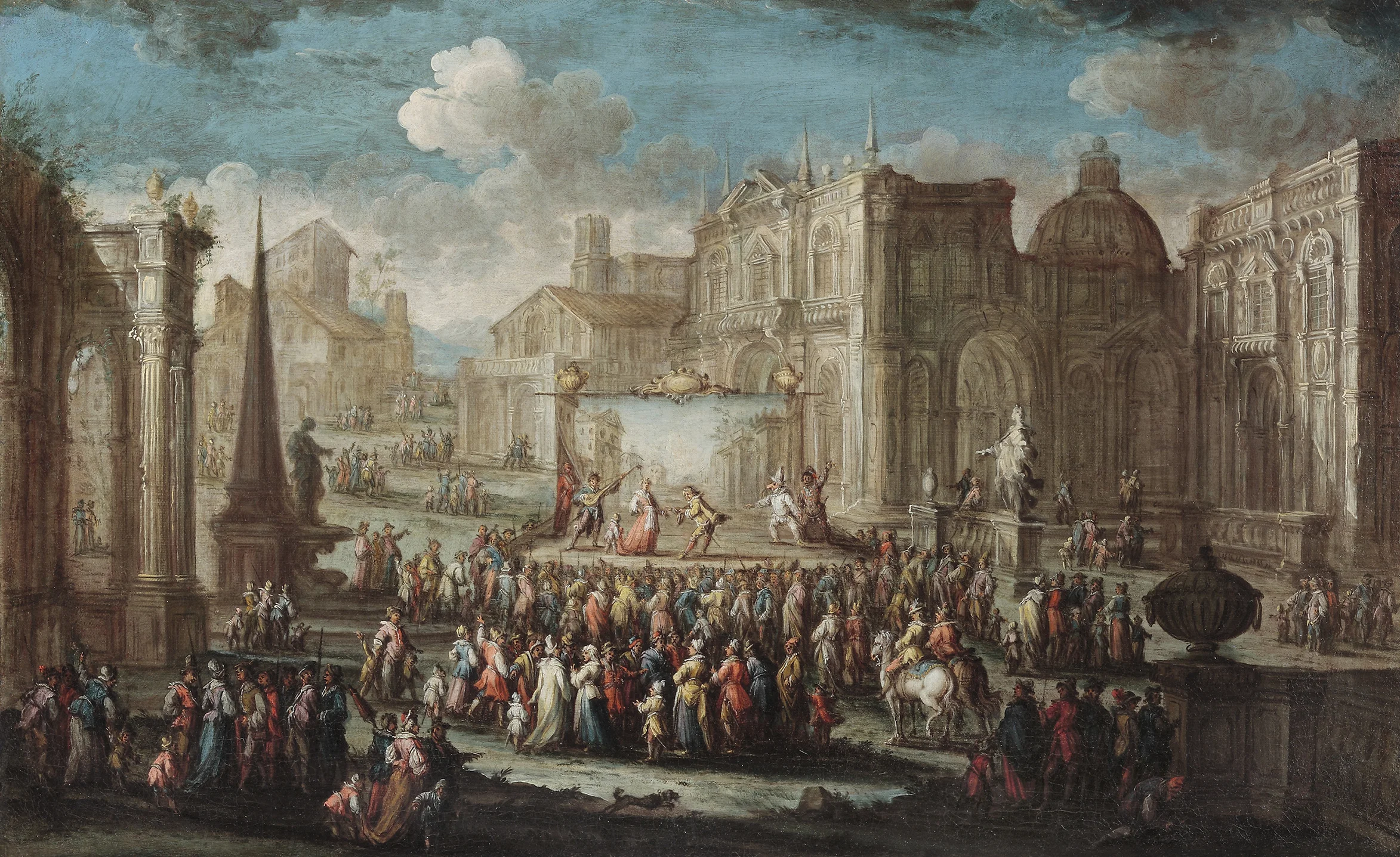 Gherardo Poli (b. 1676), A Performance from the Commedia dell'Arte set in a Piazza 22 ¼ x 36 ¼ in. oil on canvas